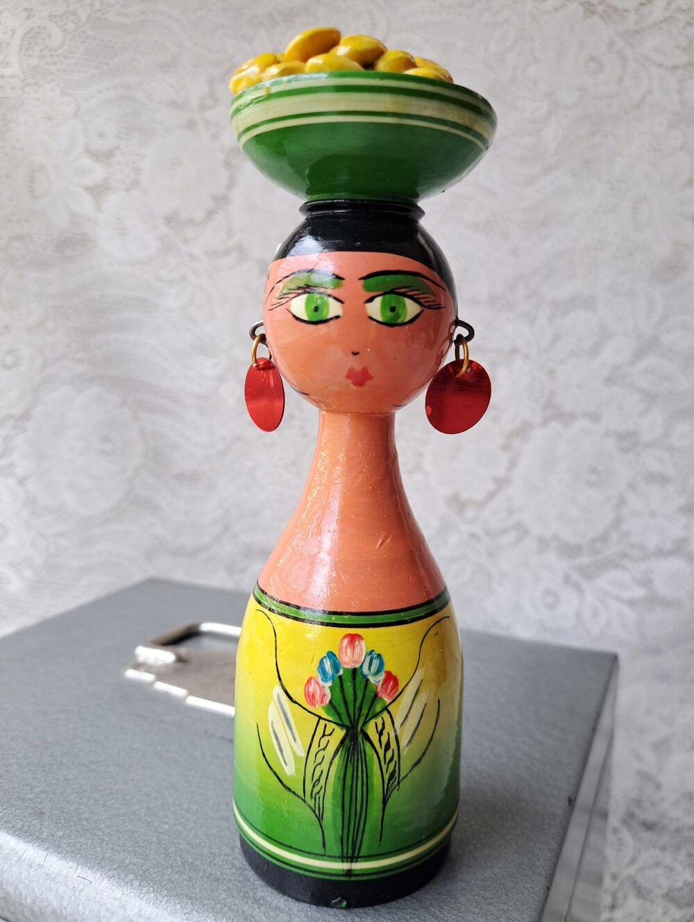 Vintage Egyptian Wooden Folk Art Doll – 7.75” Hand-Painted Peg Doll
